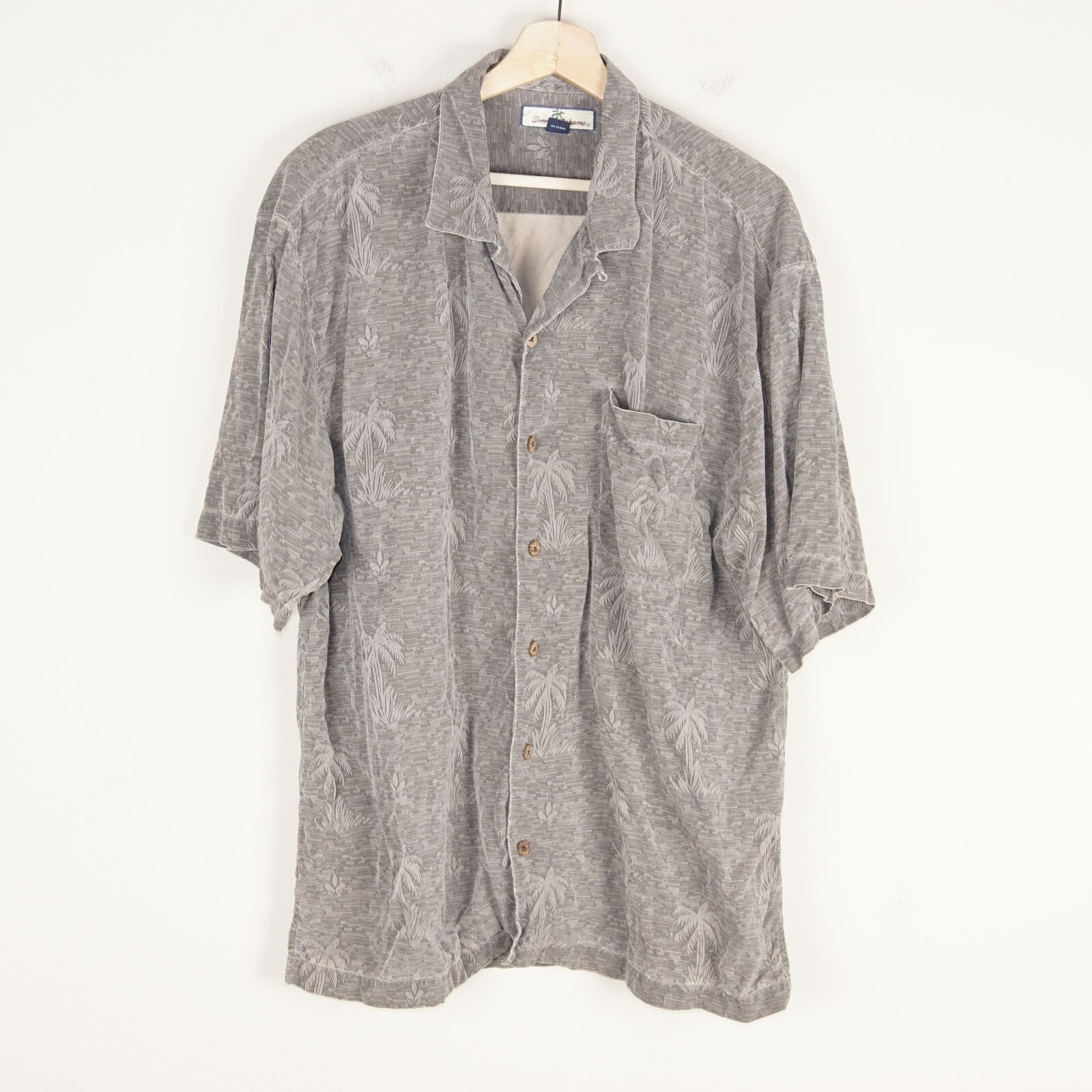 Tommy Bahama Palm Tree Print Brown 100% Silk Button Short Sleeve Shirt Mens Xl